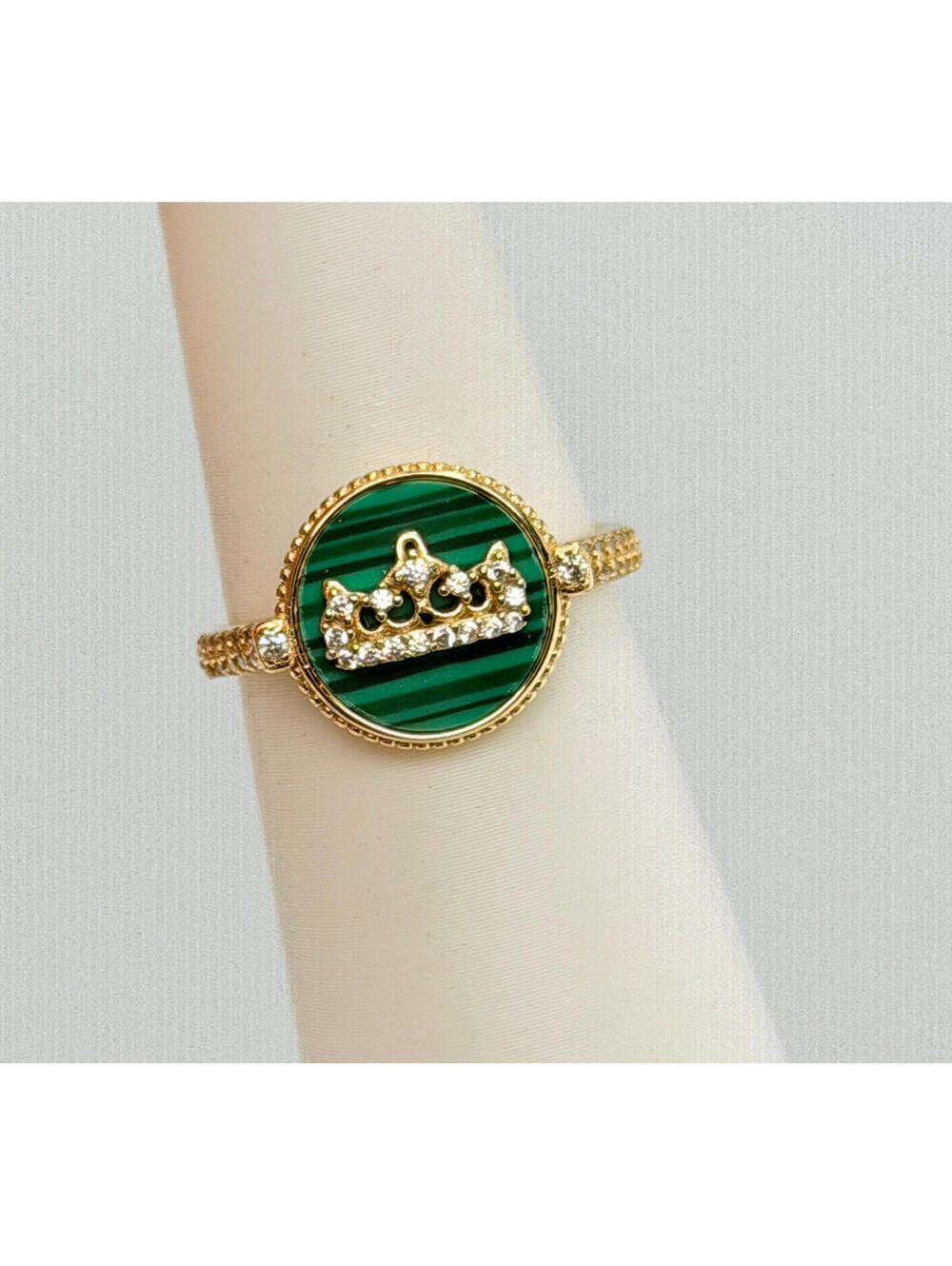 Bomb Party Vermeil Sz 8 "Crown And Crest" Malachite on .925 Silver w/ Gold